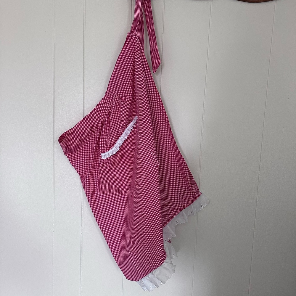 Handmade red gingham apron with eyelet lace trim
